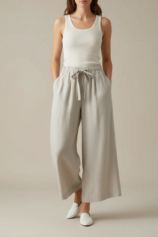 Pantalon Fluide Gris Lin Ample Taille Haute Décontracté