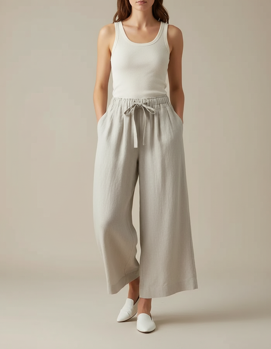 Pantalon Fluide Gris Lin Ample Taille Haute Décontracté