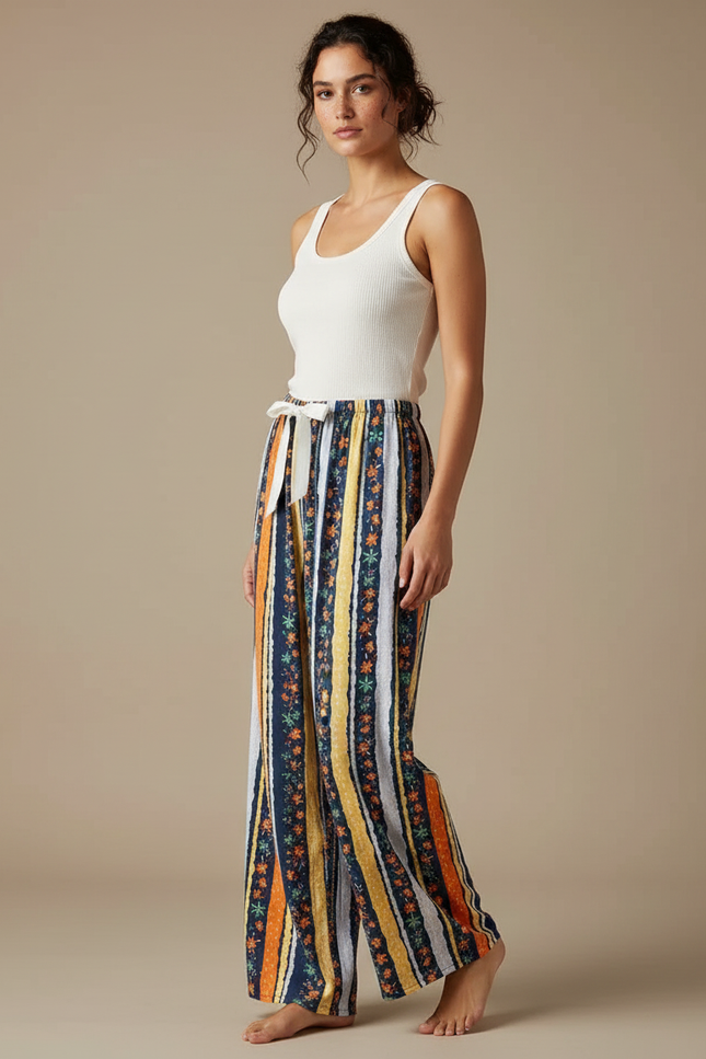 Pantalon Fluide Rayures Florales Ethnique Ample Bohème - Multicolore Viscose
