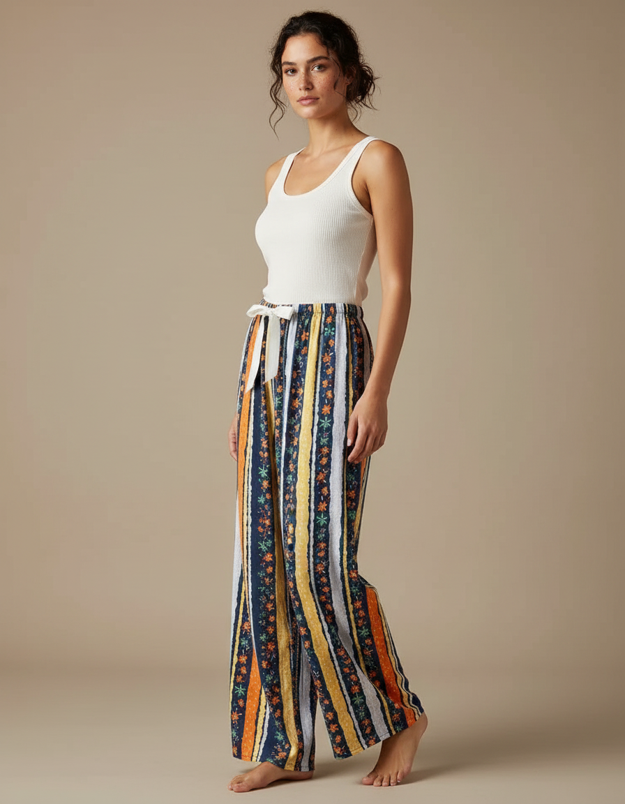 Pantalon Fluide Rayures Florales Ethnique Ample Bohème - Multicolore Viscose