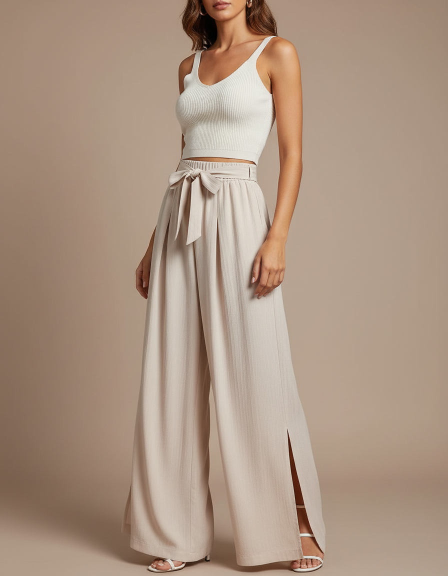 Pantalon Fluide Beige Plissé Ample Fendu Élégant - Viscose