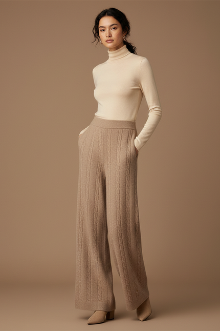 Pantalon Fluide Beige Maille Câblée Laine Mérinos Ample