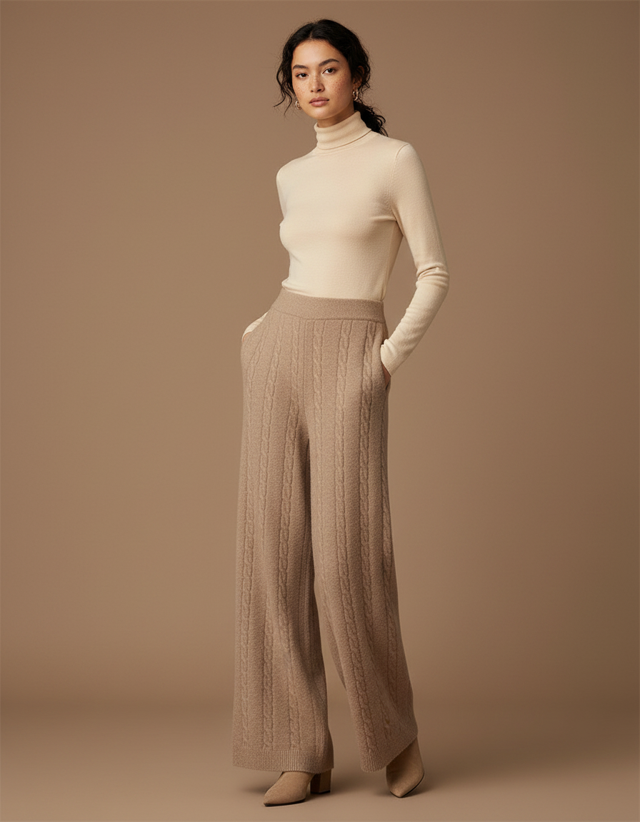 Pantalon Fluide Beige Maille Câblée Laine Mérinos Ample