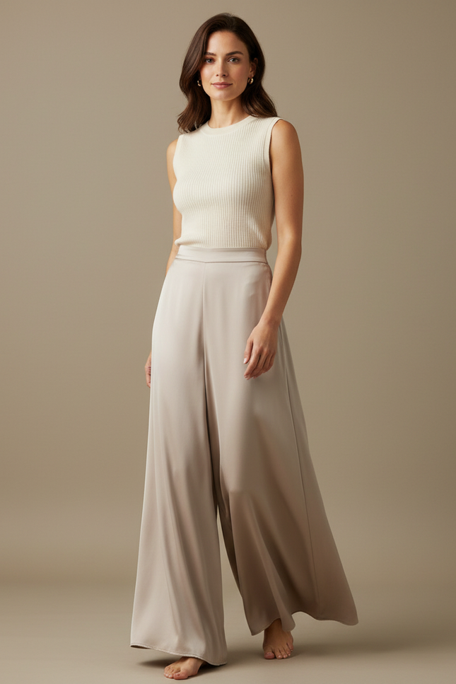 Pantalon Fluide Satiné Beige Ample Élégant Femme