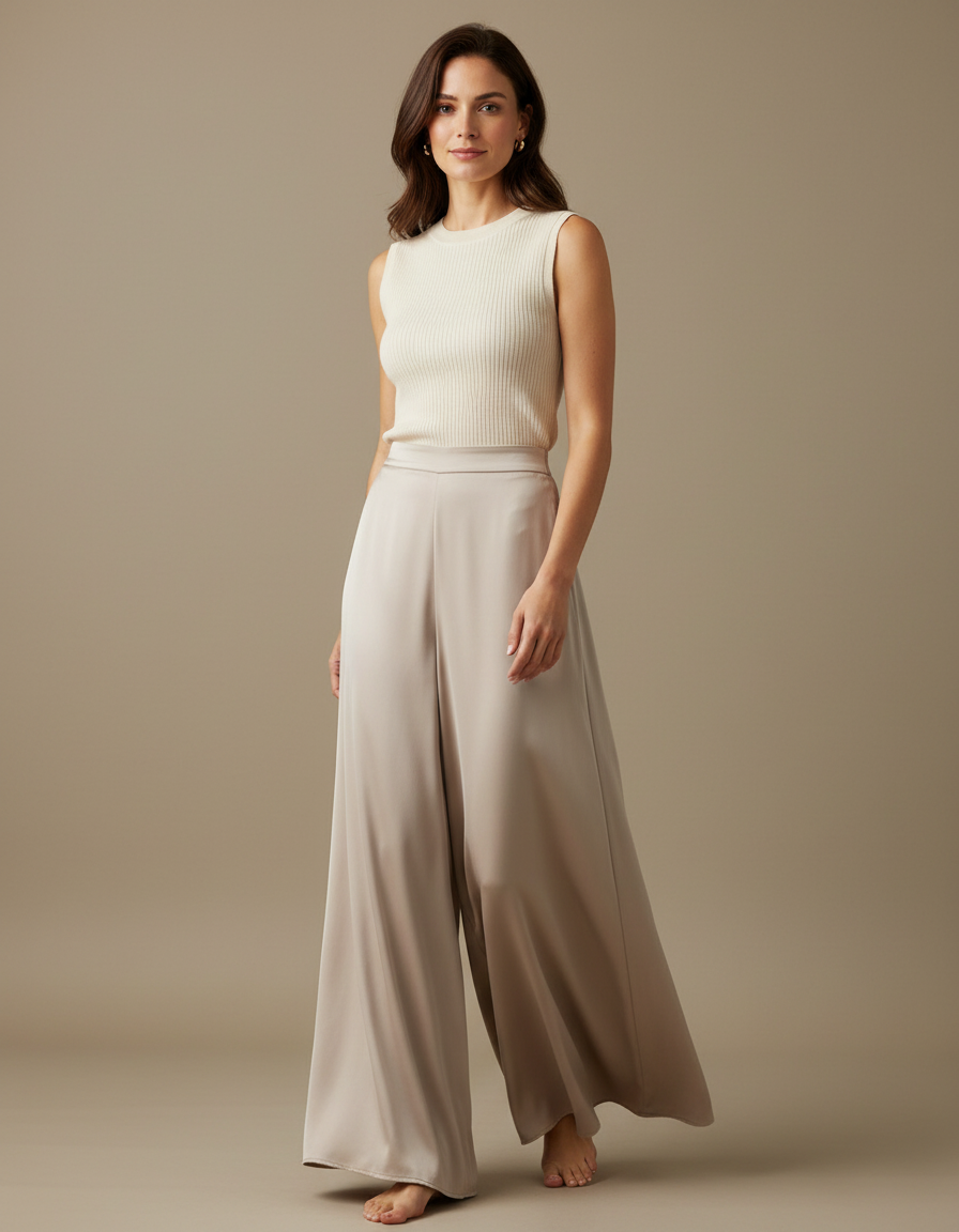 Pantalon Fluide Satiné Beige Ample Élégant Femme