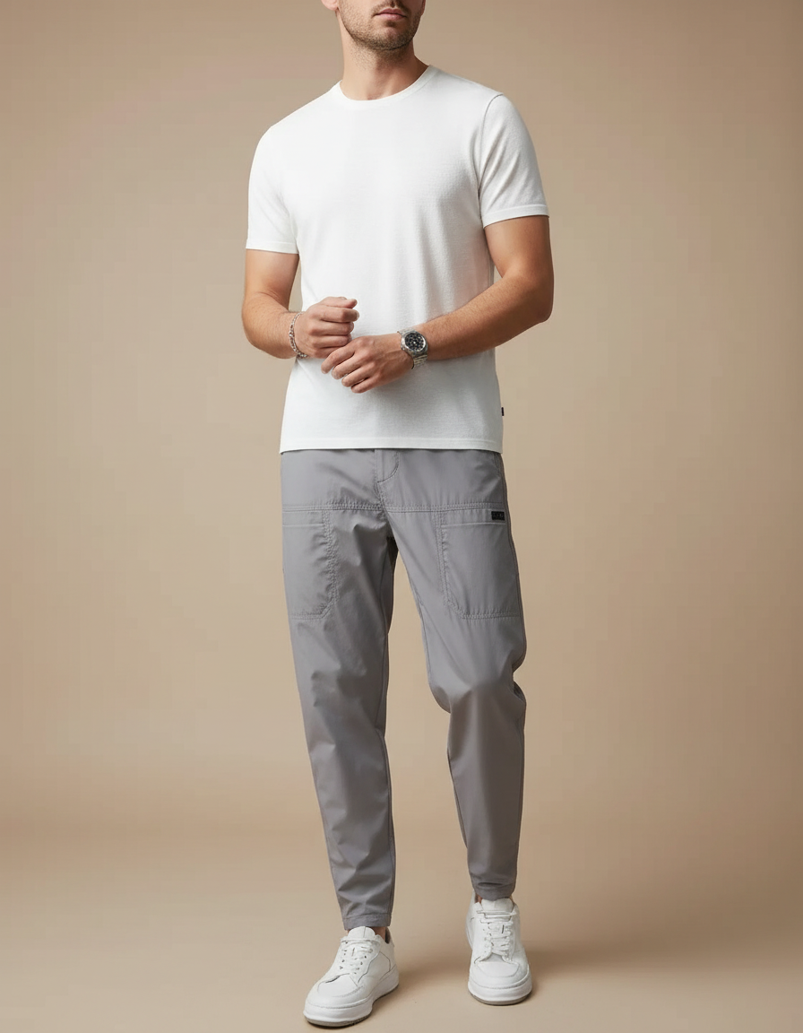 Pantalon Fluide Gris Homme Cargo Décontracté Multi-poches - Polyester