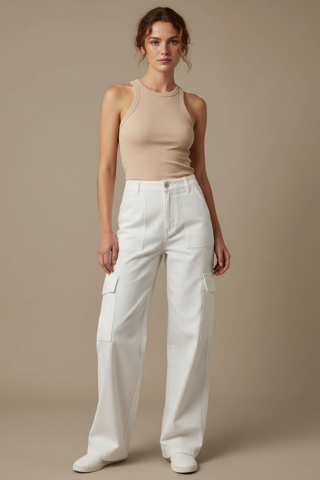 Pantalon Fluide Cargo Blanc Ample Taille Haute Femme - Toile