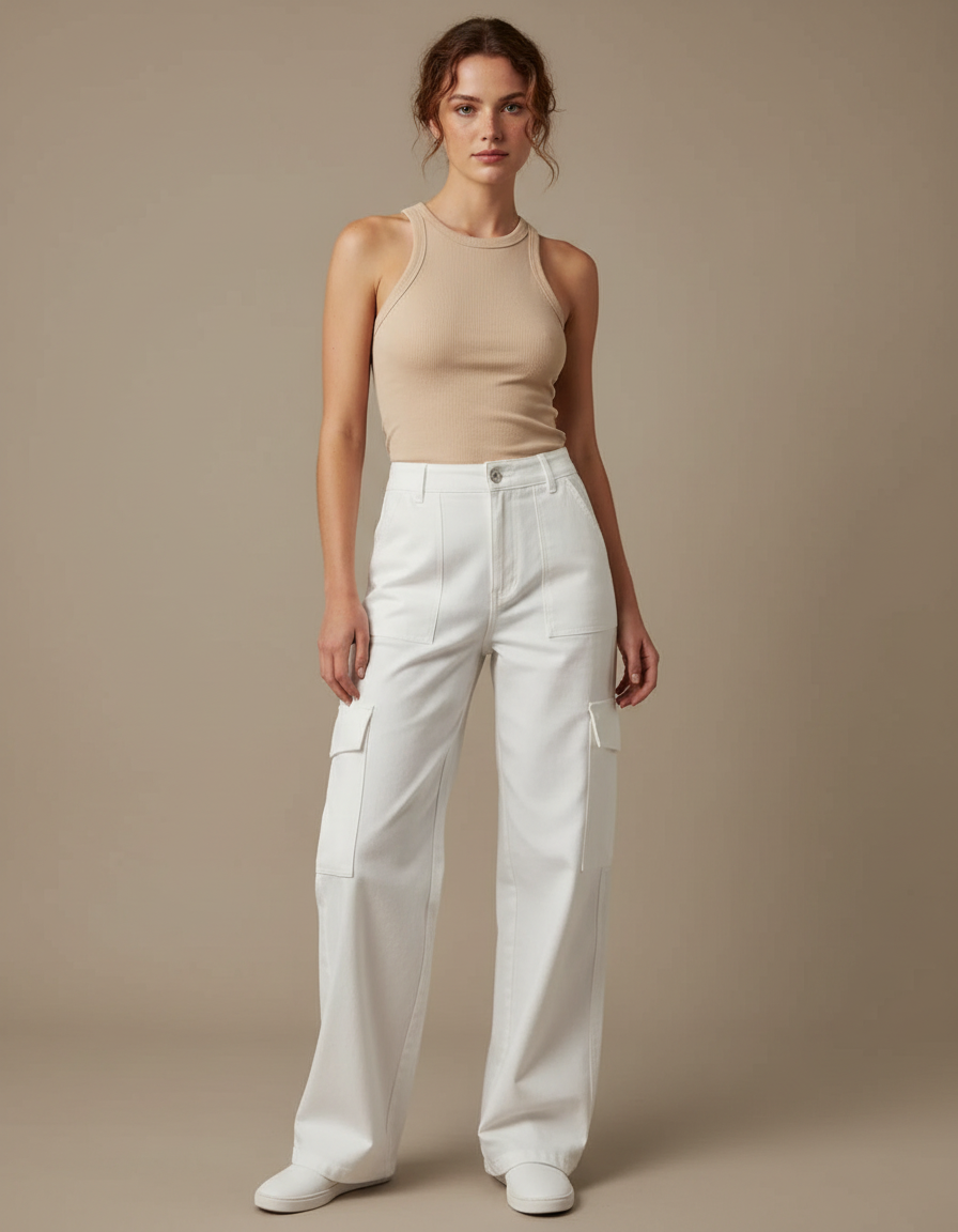 Pantalon Fluide Cargo Blanc Ample Taille Haute Femme - Toile