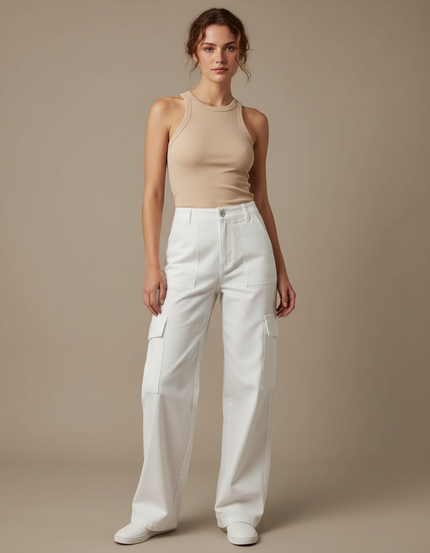 Pantalon Fluide Cargo Blanc Ample Taille Haute Femme - Toile