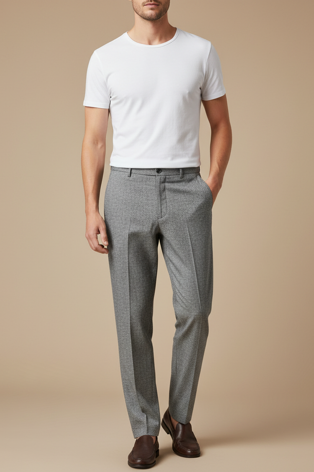 Pantalon Fluide Homme Gris Coupe Droite Élégant Texturé - Tweed