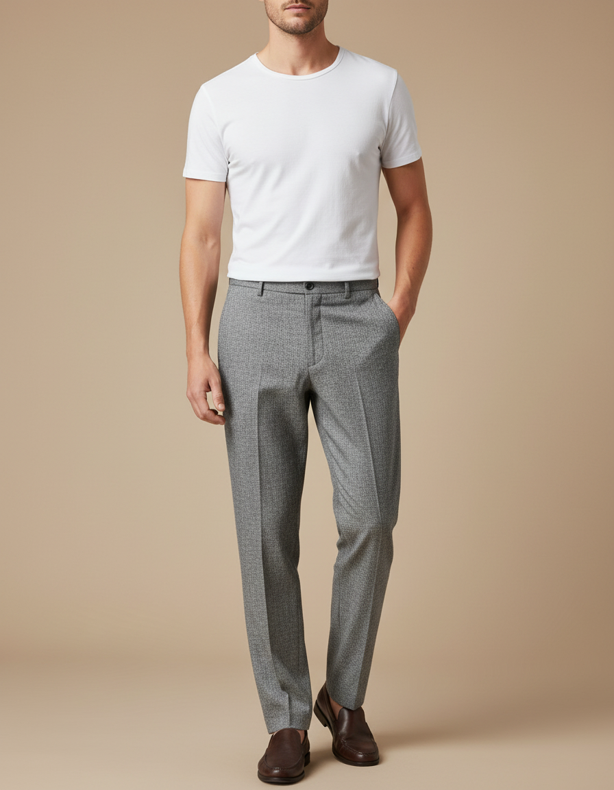Pantalon Fluide Homme Gris Coupe Droite Élégant Texturé - Tweed