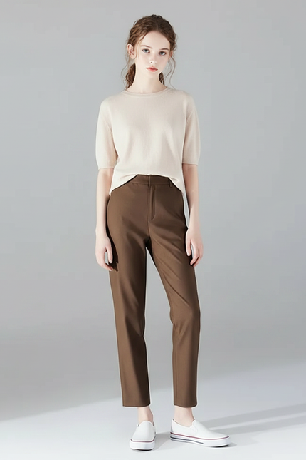 Pantalon Fluide Marron Droit Taille Haute Casual Chic - Polyester