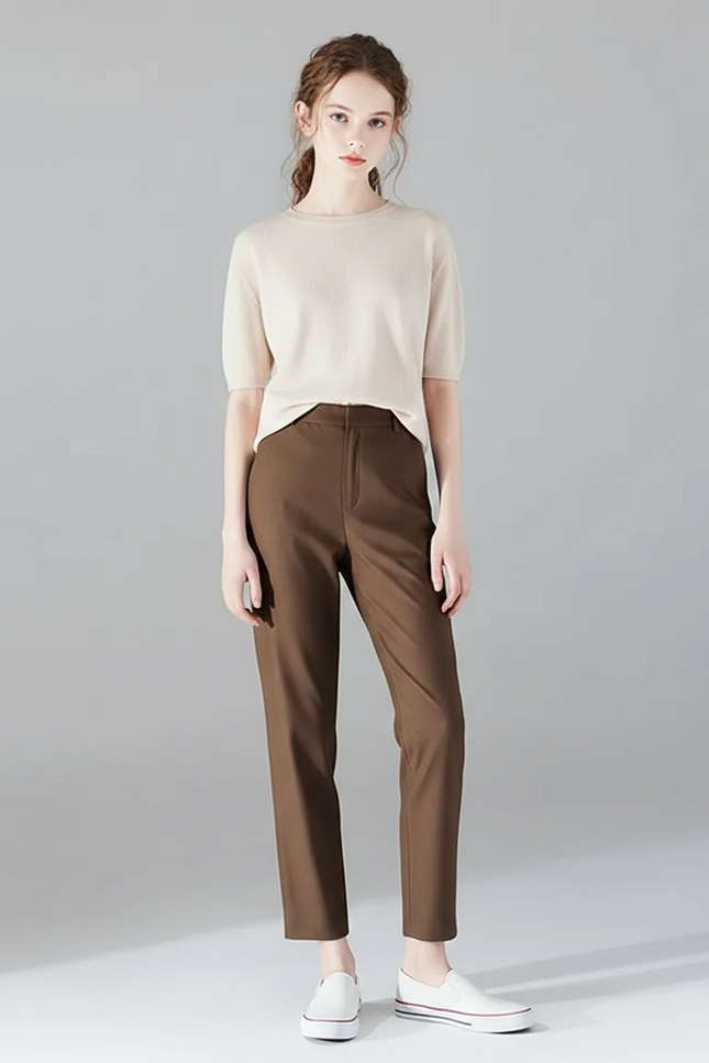 Pantalon Fluide Marron Droit Taille Haute Casual Chic - Polyester