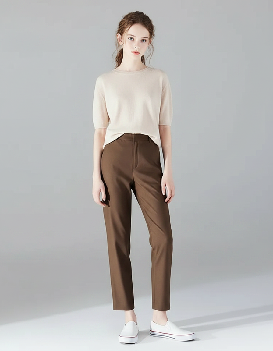 Pantalon Fluide Marron Droit Taille Haute Casual Chic - Polyester