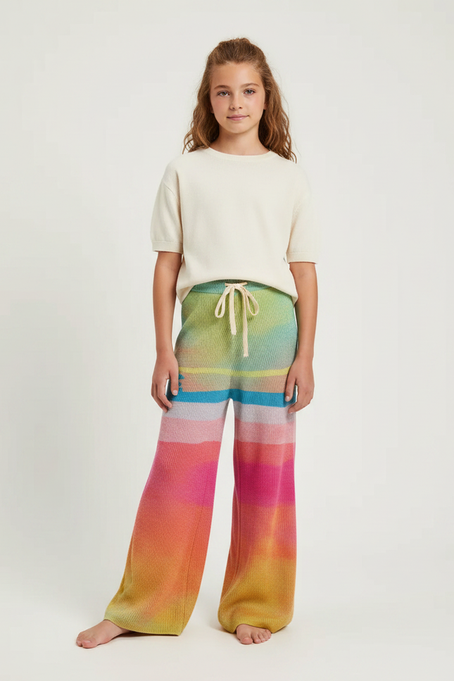 Pantalon Fluide Tricot Arc-en-ciel Ample Confortable Fille - Multicolore Maille
