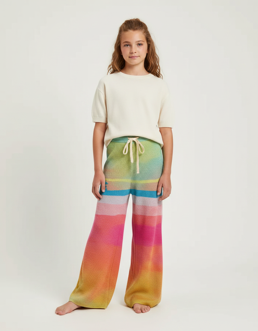 Pantalon Fluide Tricot Arc-en-ciel Ample Confortable Fille - Multicolore Maille