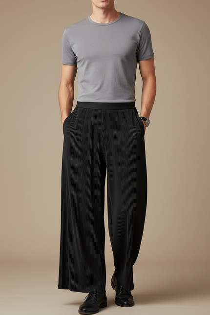 Pantalon Fluide Noir Plissé Ample Décontracté Homme - Polyester