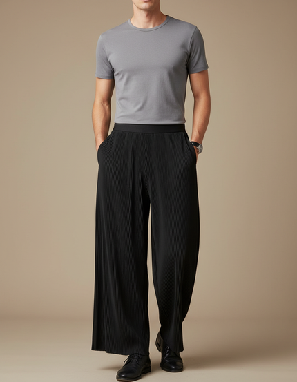 Pantalon Fluide Noir Plissé Ample Décontracté Homme - Polyester