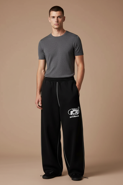Pantalon Fluide Noir Ample Brodé Décontracté Homme - Molleton
