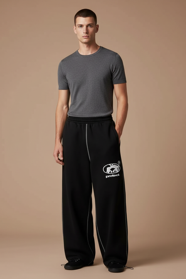 Pantalon Fluide Noir Ample Brodé Décontracté Homme - Molleton