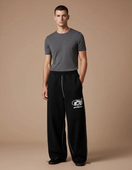 Pantalon Fluide Noir Ample Brodé Décontracté Homme - Molleton