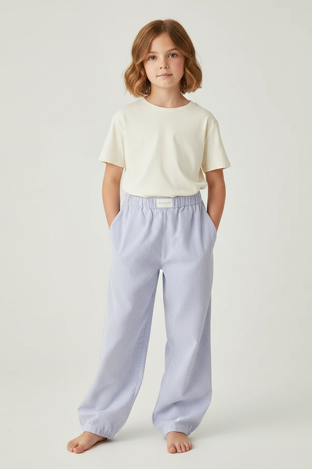 Pantalon Fluide Bleu Ciel Rayé Ample Coton Enfant