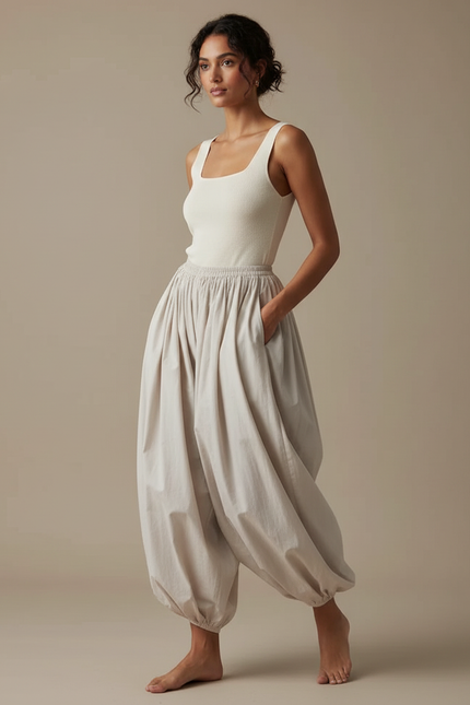 Pantalon Fluide Beige Ample Harem Confortable Femme - Coton