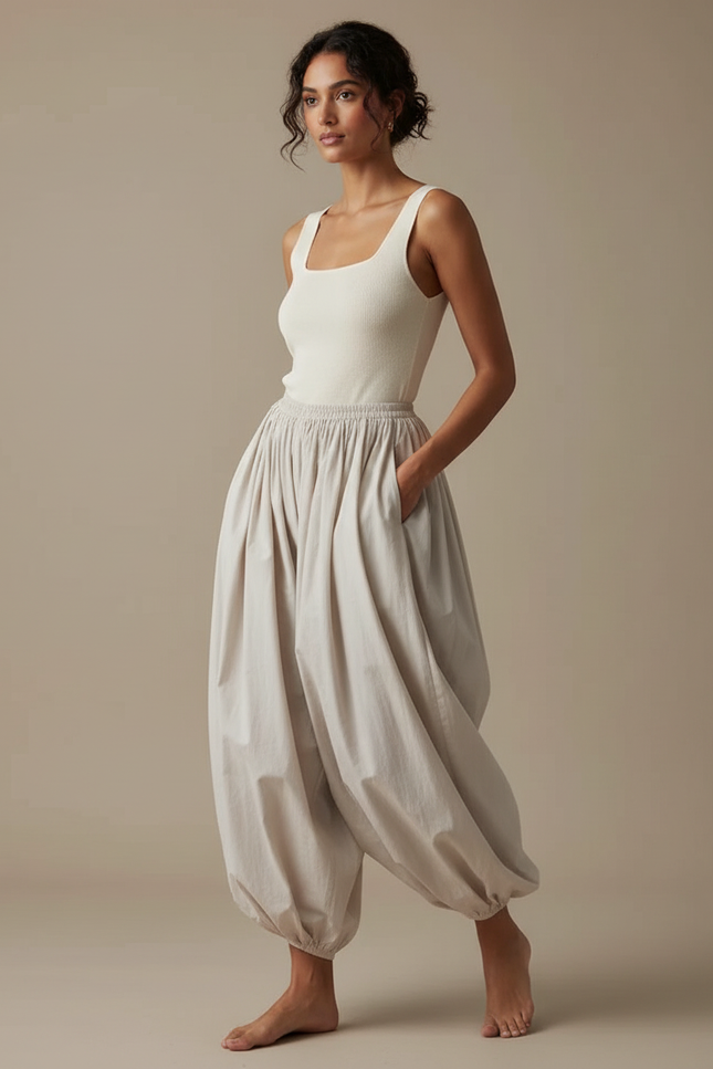 Pantalon Fluide Beige Ample Harem Confortable Femme - Coton