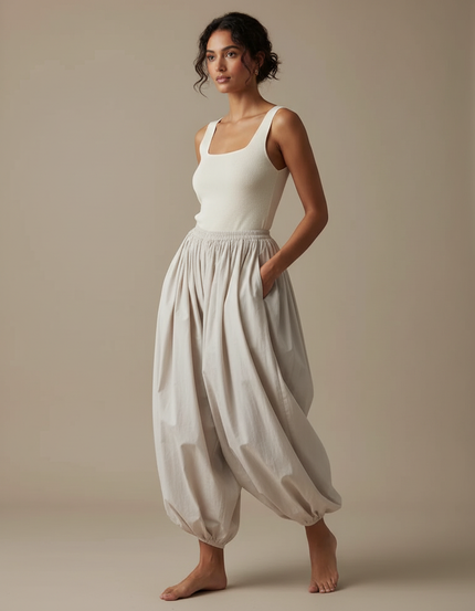 Pantalon Fluide Beige Ample Harem Confortable Femme - Coton