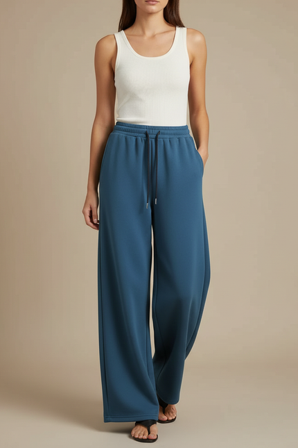Pantalon Fluide Bleu Cordon Ample Décontracté Sport - Molleton