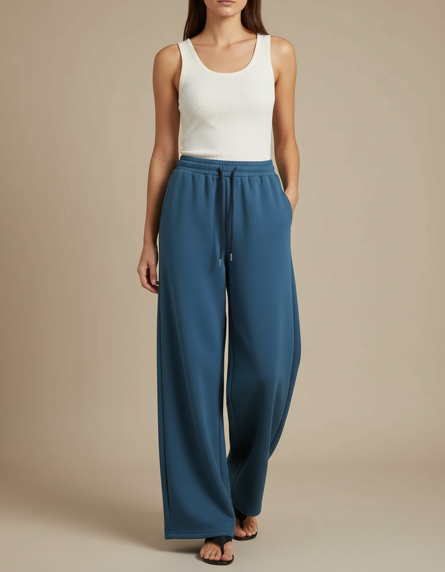 Pantalon Fluide Bleu Cordon Ample Décontracté Sport - Molleton