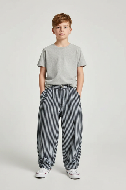 Pantalon Fluide Rayé Ample Décontracté Garçon Coton - Imprimé