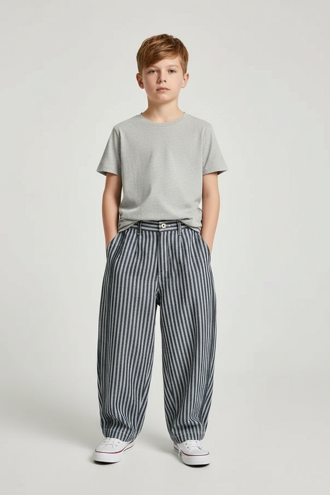 Pantalon Fluide Rayé Ample Décontracté Garçon Coton - Imprimé