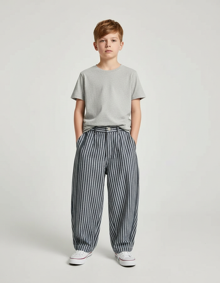 Pantalon Fluide Rayé Ample Décontracté Garçon Coton - Imprimé
