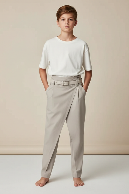 Pantalon Fluide Gris Asymétrique Ceinturé Élégant Garçon - Polyester