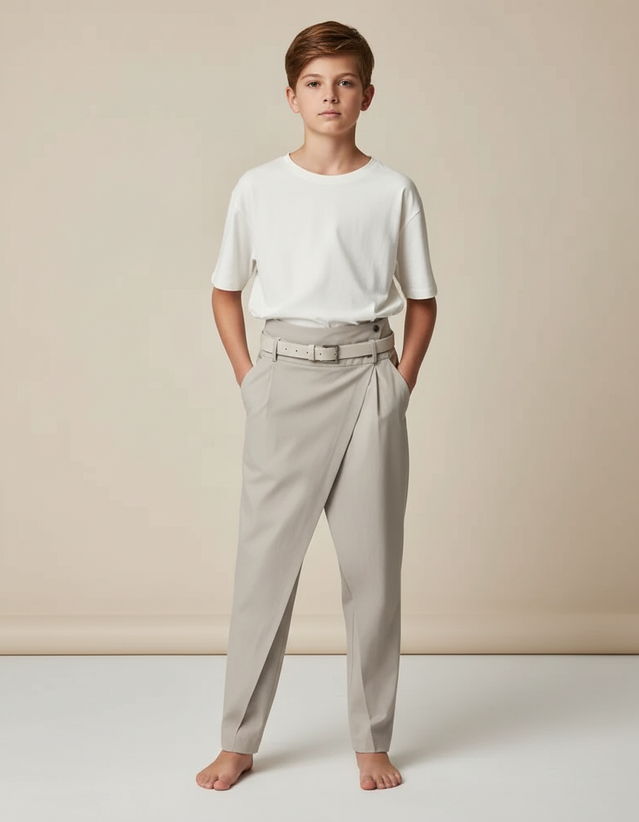 Pantalon Fluide Gris Asymétrique Ceinturé Élégant Garçon - Polyester