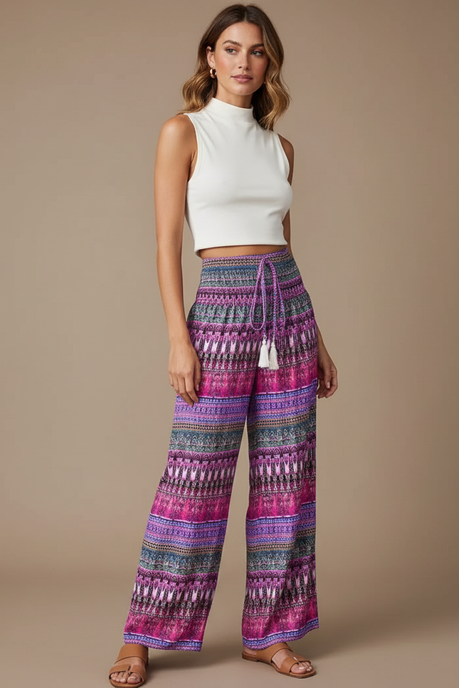 Pantalon Fluide Imprimé Ethnique Ample Rose Cordon - Viscose