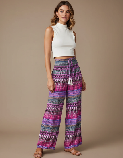 Pantalon Fluide Imprimé Ethnique Ample Rose Cordon - Viscose