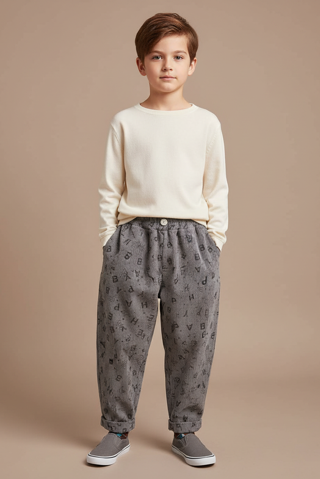 Pantalon Fluide Gris Côtelé Imprimé Lettres Ample - Cordé