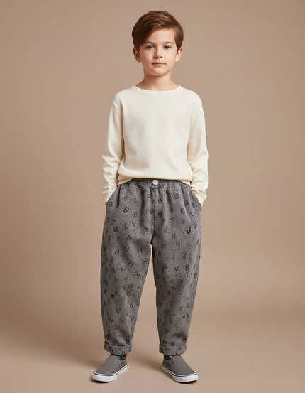 Pantalon Fluide Gris Côtelé Imprimé Lettres Ample - Cordé