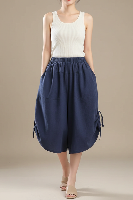 Pantalon Fluide Bleu Coton Ample Taille Haute - Marine Lin