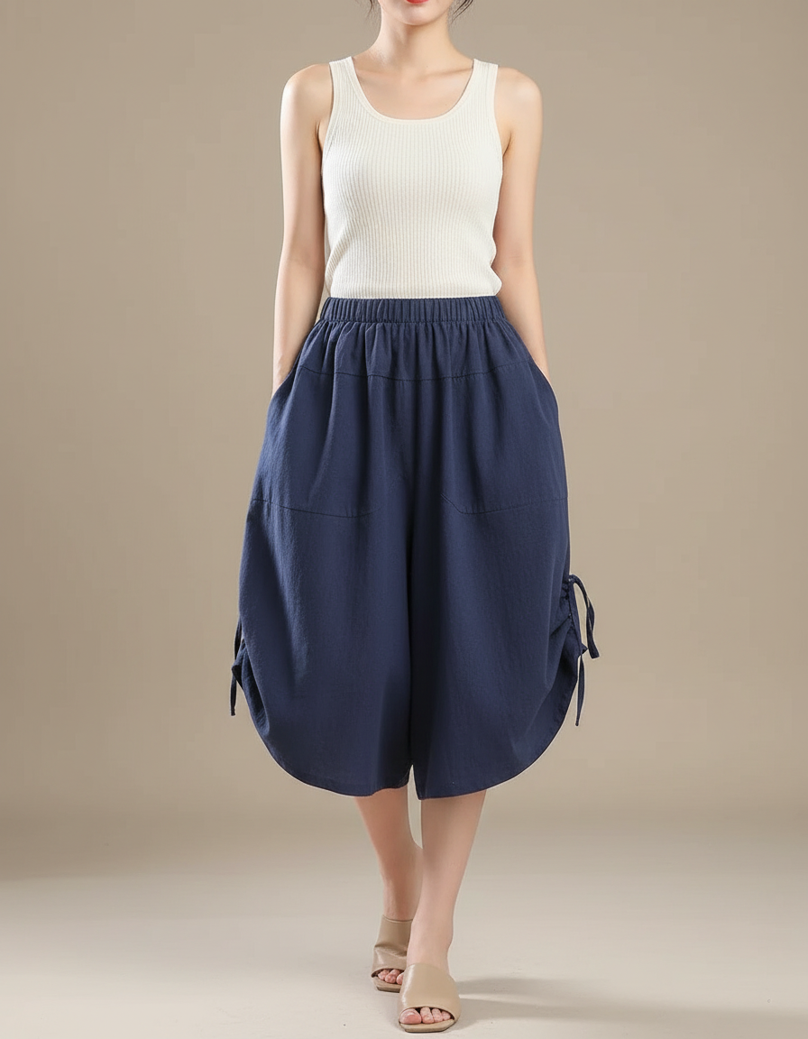 Pantalon Fluide Bleu Coton Ample Taille Haute - Marine Lin