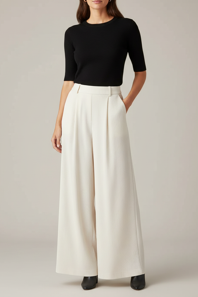 Pantalon Fluide Écru Ample Côtelé Plissé Élégant - Beige Cordé