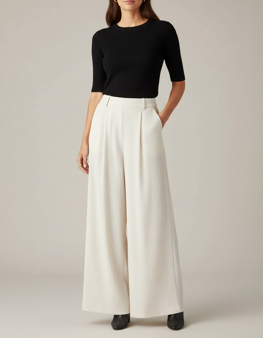 Pantalon Fluide Écru Ample Côtelé Plissé Élégant - Beige Cordé