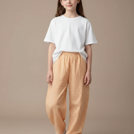 Pantalon Fluide Carreaux Orange Ample Décontracté Fille - Lin