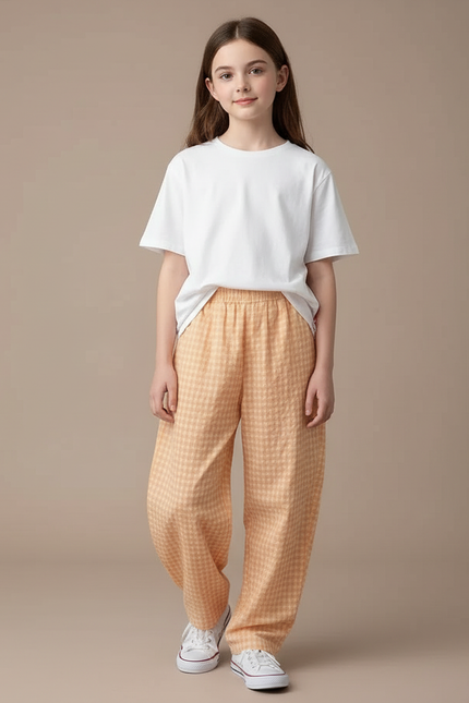 Pantalon Fluide Carreaux Orange Ample Décontracté Fille - Lin