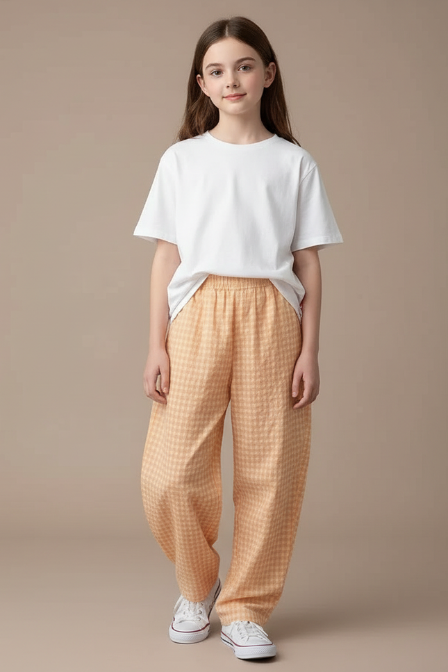 Pantalon Fluide Carreaux Orange Ample Décontracté Fille - Lin