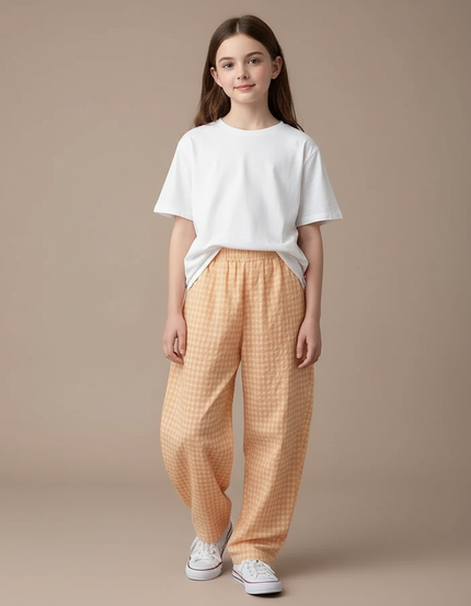 Pantalon Fluide Carreaux Orange Ample Décontracté Fille - Lin