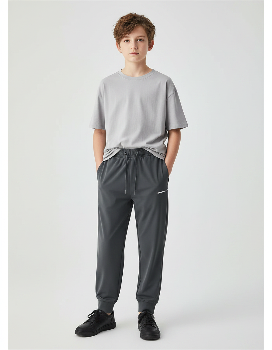 Pantalon Fluide Gris Athlétique Doux Cordon Enfant - Polyester