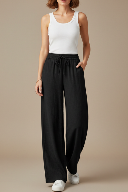 Pantalon Fluide Noir Ample Taille Haute Droit - Lin